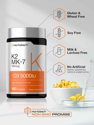 Horbäach Vitamin D3 K2 5000 iu - 100mcg MK-7 Complex - 180 Softgel Capsules - Non-GMO & Gluten Free Supplement