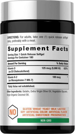 Horbäach Vitamin D3 K2 5000 iu - 100mcg MK-7 Complex - 180 Softgel Capsules - Non-GMO & Gluten Free Supplement