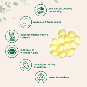 Cod Liver Oil 2,000mg Per Serving, 360 Softgels - Burpless Lemon Flavored - Rich in Omega 3, Vitamins A & D3, EPA, DHA - Wild Caught Arctic Deep Sea Fish - Heart, Brain, & Immune Supplement