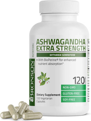 Bronson Ashwagandha Extra Strength Stress & Mood Support 120 Capsules - Vegetarian, Non-GMO, Gluten-Free, Soy-Free, BioPerine for High Absorption