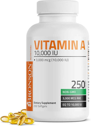 Bronson Vitamin A 10,000 IU Healthy Vision and Immune Support, 250 Softgels - Vitamin A Palmitate, Once-Daily Rapid Release, Skin, Growth & Reproduction Support, Non-GMO