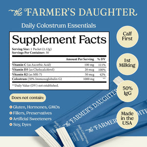 THE FARMER'S DAUGHTER Colostrum Powder | Unflavored | Gut Health & Bloating | Hair, Skin & Nails | Immunity Supplement | 30 Individual Travel Stick Packs THE FARMER'S DAUGHTER buy supplements Au