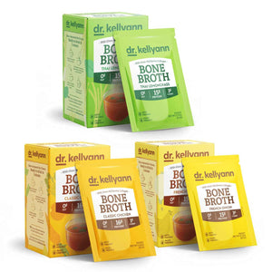 Dr. Kellyann Bone Broth Packets Variety Pack (3 Boxes, 21 Servings) - Classic Chicken, Thai Lemongrass & French Onion