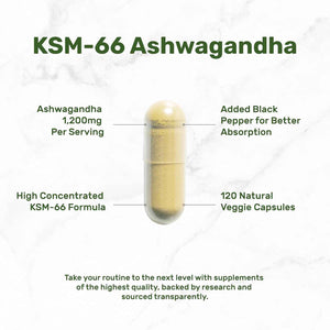 KSM 66 Ashwagandha 1,200mg with Black Pepper, 120 Veggie Capsules - Extra Strength Root Extract - High Absorption - Adaptogenic Supplements for Relaxation, Energy, & Brain Health - Non-GMO