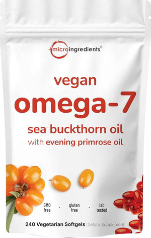 Vegan Omega-7 Sea Buckthorn Oil, 240 Vegetarian Softgels - 2-in-1 with Evening Primrose Oil - Plant Based Botanical Oil Blend - Non-GMO, Gluten, & Carrageenan Free