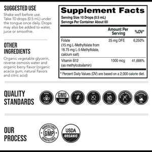 L Methyl Folate 15mg Plus Methyl B12 Cofactor - Organic Berry Flavor, High Potency Liquid Sublingual Active 5-MTHF Form - Supports Mood, Methylation