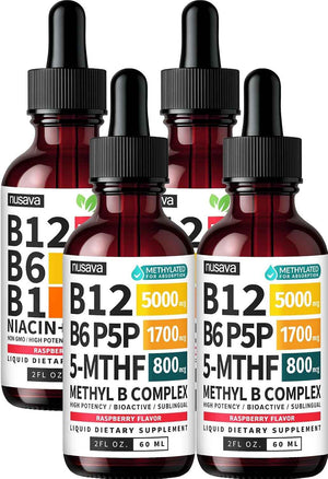 NUSAVA (2-Pack) Methylated B Complex Liquid Drops Raspberry and (2-Pack) Liquid Vitamin B12 Drops - High Potency Methylfolate and Sublingual B12 for Daily Energy and Balance Support