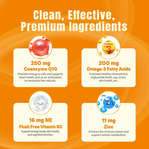 Sugar-Free CoQ10-250mg / 500mg Filled Gummies - Plus Omega-3, EPA + DHA, B3 & Zinc - Ultra Co Q-10 Supplements for Hear-t Health, Cellular Energy, Antioxidant Support, Up to 60 Day Supply, Vegan 60Cts