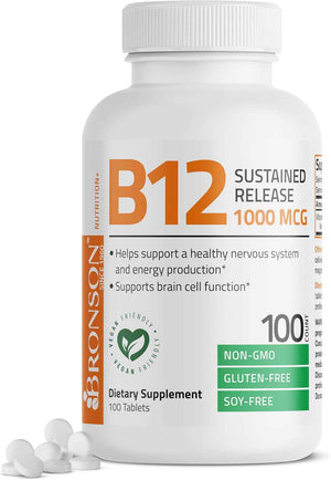 Bronson Vitamin B12 1000 mcg Sustained Release Premium Non GMO Tablets Supports Nervous System, Healthy Brain Function and Energy Production, 100 Count
