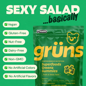 Gruns Adults Super Greens Gummies, Multivitamin Superfood Gummy Bears, Spirulina, Chlorella, Prebiotics & Fiber Gummies for Digestive Health, Adaptogens Supplement, 20 Vitamins & Minerals, 10 Count Grüns buy supplements Au