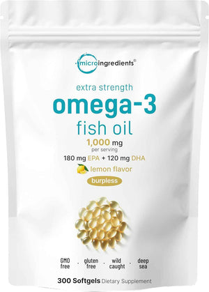 Micro Ingredients Extra Strength* Omega-3 Fish Oil Supplements 1,000mg Per Serving, 300 Softgels - Lemon Flavored - Burpless - EPA 180mg + DHA 120mg - Deep Sea Fish