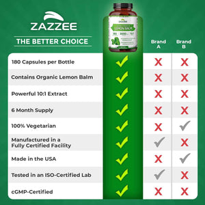 Zazzee Organic Lemon Balm 10:1 Extract, 180 Vegan Capsules, 6 Month Supply, Melissa Officinalis, Calm, Mood, Stress & Relaxation Support, Herbal Supplement, All-Natural, Non-GMO, Made in the USA