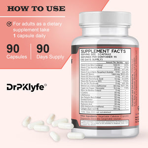 DrPKLyfe Hair, Nail and Skin Supplement Capsules:Biotin, Collagen, Collagen Peptides, Acid Hyaluronic, Biotin, Vitamin A, C, B5, B6 Saw Palmetto & More - 90 Capsules. DrPKLyfeBuy Supplements Australia
