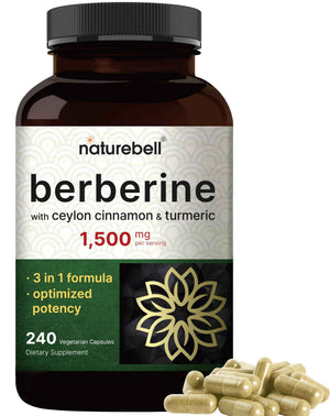 NatureBell Berberine Supplement 1,500mg with Ceylon Cinnamon & Turmeric Root, 240 Veggie Capsules - 97% Pure Berberine HCL - Supports Balanced Sugar Levels & Heart Health - Vegan, Non-GMO