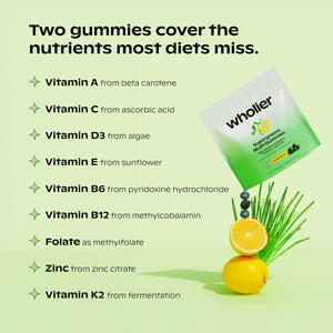 wholier Daily Supergreens Gummies, Greens Supplement with Prebiotics, Fiber, Adaptogens, Vegan Multivitamin, 9 Essential Vitamins + Minerals, 1g Sugar, 2 Gummy Serving (60 Gummies, 30 Day Supply) wholier buy supplements Au
