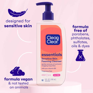 Clean & Clear Essentials Oil-Free Foaming Facial Cleanser, Daily Foaming Face Wash with Pro-Vitamin B5 for Sensitive Skin