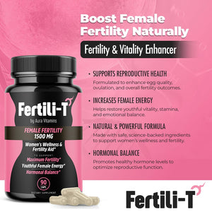 Fertili-t Female (90 Caps) Natural Fertility Support, Hormonal Balance & Prenatal Vitamins for Women, Conception Support, Natural Fertility Supplement with Aguaje & Red Maca (30-Day Supply) (1) AURA VITAMINS buy supplements Au