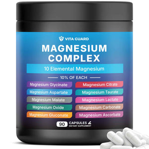 Vita Guard Magnesium Complex supplement container with white pills on a white background