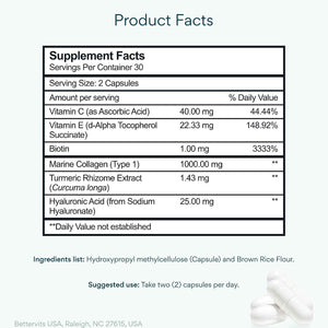 Bettervits Collagen Peptides Complex with Hyaluronic Acid & Turmeric - Hydrolyzed Marine Collagen Supplements for Women & Men - Collagen with Vitamin C for Skin, Hair, Nails & Joints - 60 Capsules