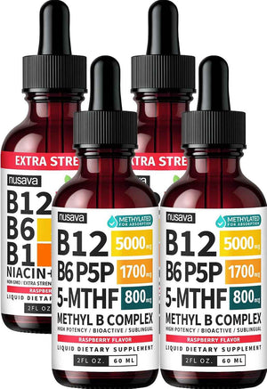 NUSAVA (2-Pack) Methylated B Complex Liquid Drops Raspberry and Liquid Vitamin B12 Drops Raspberry Flavor - Active Methylfolate and B12 Vitamin Sublingual Support for Targeted Daily Wellness
