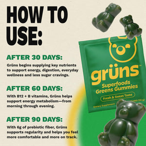 Gruns Adults Super Greens Gummies, Multivitamin Superfood Gummy Bears, Spirulina, Chlorella, Prebiotics & Fiber Gummies for Digestive Health, Adaptogens Supplement, 20 Vitamins & Minerals, 10 Count Grüns buy supplements Au