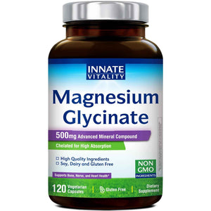 Innate Vitality Magnesium Glycinate 500mg - 70mg Elemental Magnesium Supplement - High Absorption, Non Buffered, Non-GMO & No Gluten - Vegan - Nerve Health - 120 Capsules (Pack of 1)