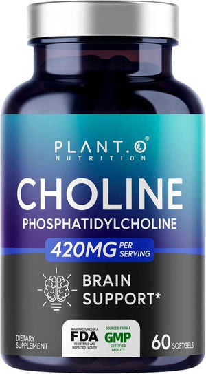 PLANT.O NUTRITION Choline Phosphatidyl Supplement - High Potency 430mg Phospholipid Complex - Promotes Energy, Liver, Brain, & Cognitive Health - 60 Softgels