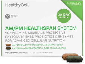 HealhtyCell AM/PM Healthspan System - 60 AM Tablets & 60 PM Tablets - 90+ Vitamins, Minerals, Protective Phytonutrients, Probiotics & Enzymes for Advanced Cellular Nutrition