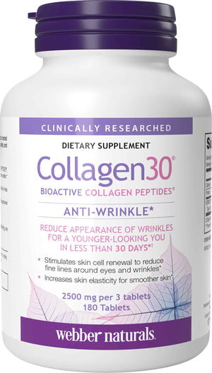 Webber Naturals Collagen 30 Anti-Wrinkle, 2,500mg of Bioactive Collagen Peptides Per Serving (3 Tablets), 180 Tablets