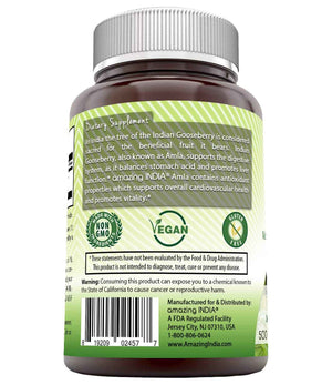 Amazing India Amla (Made with Natural Amla Fruit) 500 Mg 120 Veggie Capsules Supplement - Non-GMO, Gluten Free