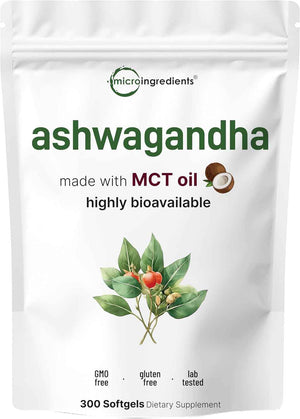 Micro Ingredients Ashwagandha Supplement with Black Pepper - 300 Coconut MCT Oil Softgels - High Potency Root Extract - Better Absorption - Non-GMO