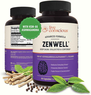 Live Conscious KSM-66 Ashwagandha Supplement w/L Theanine & AlphaWave - ZenWell Everyday Stress Relief, Cognitive, Brain Health - Ashwagandha for Men & Women - 60 Capsules