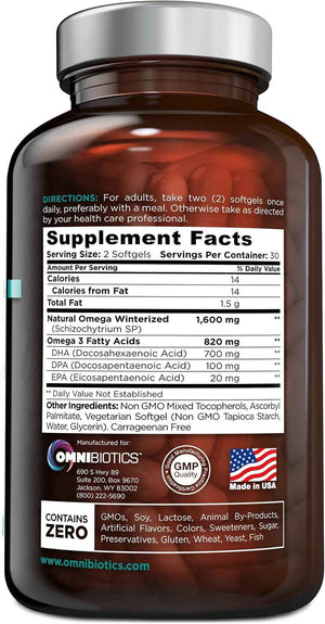 OmniBiotics Vegan Omega 3 DHA EPA Supplement - MD-Certified Prenatal Supplement with 8X More DHA Than Krill Oil, Fish-Free, Non-GMO - 60 Vegan Capsules