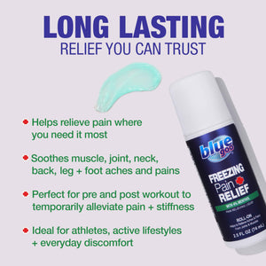 Blue Goo Pain Relieving Menthol Roll On - for Back, Neck, Muscle and Joint Pain, Sprains and Strains, Fast-Acting Soothing Cooling Pain Relief Liquid with 4% Menthol, 2.5 oz (3 Pack)