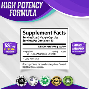 Magnesium Glycinate 525mg - High Absorption Chelated Magnesium Supplement Made with Pure Magnesium Glycinate - Supports Muscles, Sleep, Cramps, Recovery Bisglycinate Complex Vegan Non-GMO 90 Capsules Toplux buy supplements Au