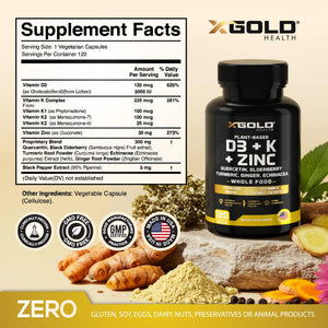Vitamin D, K2, K1, Zinc, Quercetin, Elderberry, Turmeric, Ginger & Echinacea Whole Food Supplement 8 in 1- D3 5000 IU Plant-Based from Lichen, Vitamin K (K2 MK7, MK4, K1), D3 K2 Vitamins -120 Capsules X Gold Health buy supplements Au