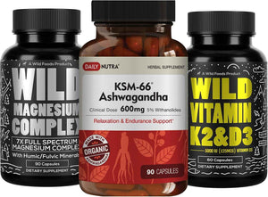 DailyNutra KSM 66 Ashwagandha (90 Capsules) Ashwagandha (90 Capsules), Magnesium Complex (90 Capsules), and Vitamin D3K2 (60 Capsules) Bundle for Wellness