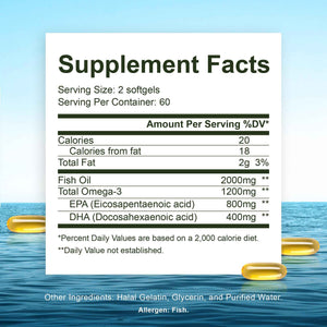 Noor Vitamins Halal Fish Oil, Halal Vitamins, Ultra Omega 3 Wild Peruvian Fish (800 mg EPA & 400 mg DHA) Heart