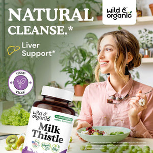 Wild & Organic Milk Thistle Capsules 1000mg - Liver Detox Supplements - Silymarin Milk Thistle Powder for Liver Cleanse - 90 Vegan Capsules - 45-Days Supply - No Fillers, Non-GMO