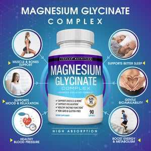 Magnesium Glycinate 525mg - High Absorption Chelated Magnesium Supplement Made with Pure Magnesium Glycinate - Supports Muscles, Sleep, Cramps, Recovery Bisglycinate Complex Vegan Non-GMO 90 Capsules Toplux buy supplements Au