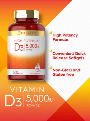 Carlyle Vitamin D3 5000 IU Softgels - 500 Count - Value Size - Non-GMO and Gluten Free Supplement - High Potency Formula - 125mcg