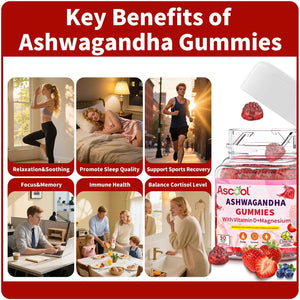 Ascool Ashwagandha Gummies for Stress Relief & Clam with Magnesium + Vitamin D - 90 Count Sugar-Free, Vegan Ashwa Supplements