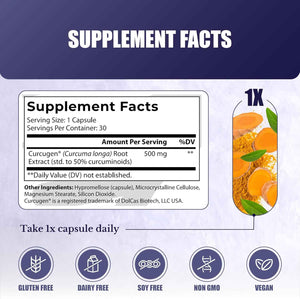 Curcumin Extract Supplement for Joint & Immune Support - Curcumin Extract 500mg, 39x More Bioavailable, Full Spectrum Curcugen, 30 Days Supply, 30 Capsules