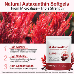 Xaarty Premium Astaxanthin 12mg, Natural Antioxidant Supplement for Eye, Joint, Skin Health,Microalgae Source, 4 Month Supply