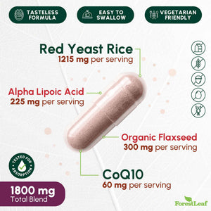 Red Yeast Rice 1215 mg. Capsules - Extra Strength Red Rice Yeast with CoQ10 Supplement, Plus Alpha Lipoic Acid & Organic Flaxseed, Citrinin Free, Supports Cardiovascular Health, Non-GMO 90 Veggie Caps