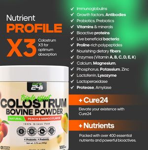 Cure24 Bovine X3 Colostrum Supplement Powder for Humans, 100% Pure Whole Natural Grass Fed Superfood, High IgG, Plus Probiotic & Prebiotic, Natural Peach-Mango Flavor, Made in USA Cure24 buy supplements Au