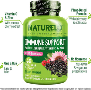 NATURELO Immune Support - Vitamin C, Elderberry, Zinc, Echinacea - Natural Immunity Boost w/Antioxidant, Herbal & Mineral Defense - 60 Vegan Capsules