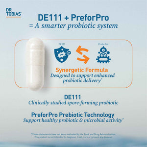 Dr. Tobias Deep Immune Probiotic + Prebiotic 60 Capsules - Gut Health - Dual Action Gut & Immune Support - DE111 Spore Forming Probiotics + PreforPro - Targeted Release - Shelf Stable - 30 Servings