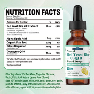 Liposomal Red Yeast Rice with Coq10 Liquid Drops, 5-in-1 Extra Strength 1200mg Cholesterol & Heart Support w. Citrus Bergamot Alpha Lipoic Acid | Cholesterol Lowering Supplement | GMO & Citrinin Free AuraraNeNourishBuy Supplements Australia