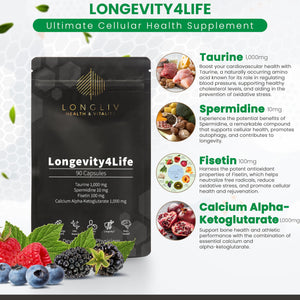 Longevity4Life - Ultimate Cellular Health Supplement - Fisetin, Taurine, Calcium Alpha-Ketoglutarate, and Spermidine Capsules for Longevity and Vitality - Made in USA - Physician Formulated LongLiv Health and VitalityBuy Supplements Australia